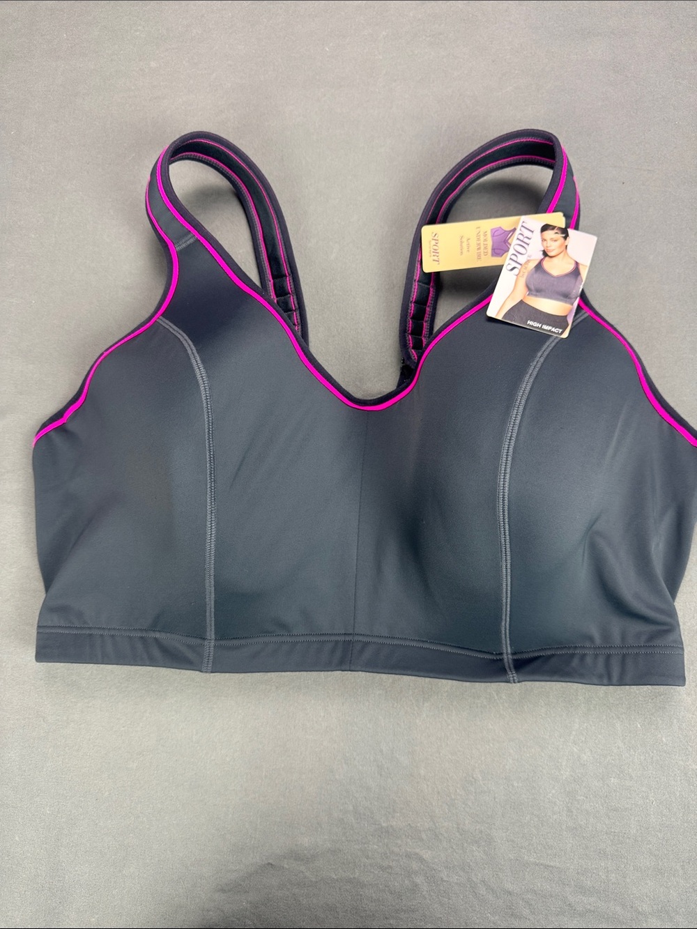 Cacique Dark Gray Sports Bra with Pink Trim High Impact 44DDD
